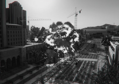 Screenshot en mode photo d'une explosion d'un hélicoptère en ville dans GTAV par le rat graphiste