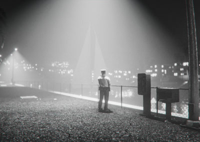 Screenshot en mode photo d'un policier sous un lampadaire la nuit dans GTAV par le rat graphiste