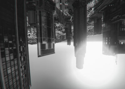 Screenshot en mode photo de gratte-ciels à l'envers dans GTAV par le rat graphiste